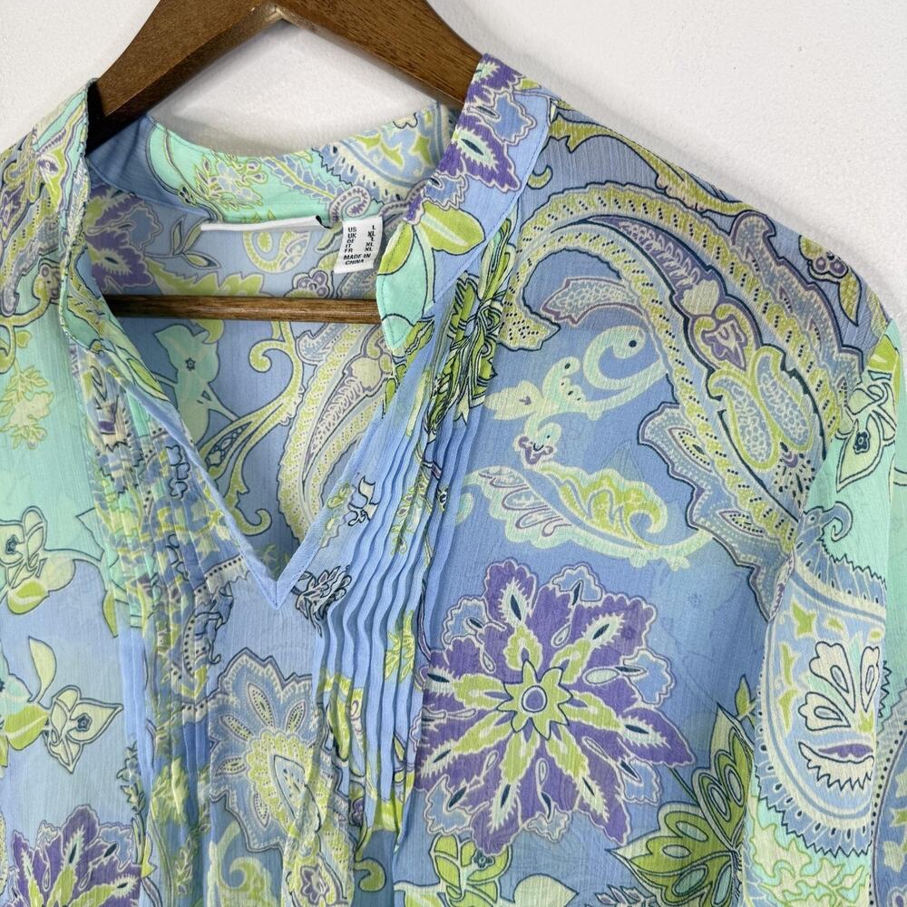 Susan Graver Paisley Sheer Chiffon Top Womens L Blue Pleated Tunic Blouse